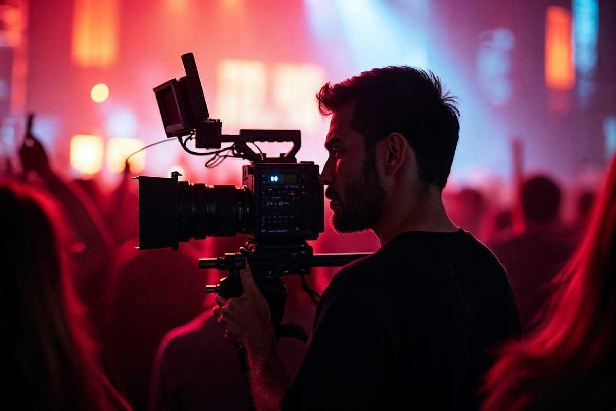 Camera operator on a shoulder rig shooting into a crowd under red stage light