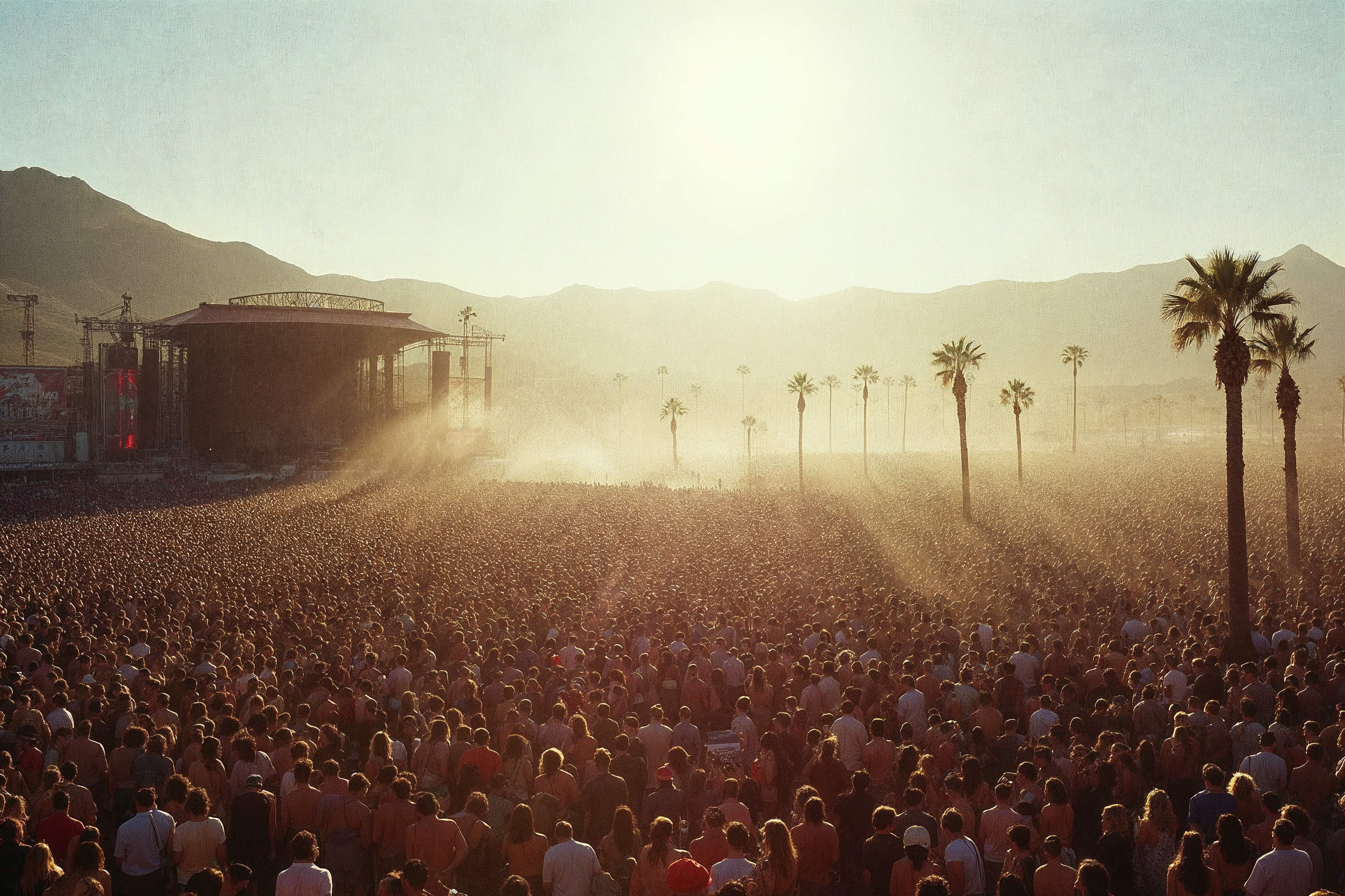 Festival crowd stretching to the horizon in front of a desert mainstage at golden hour