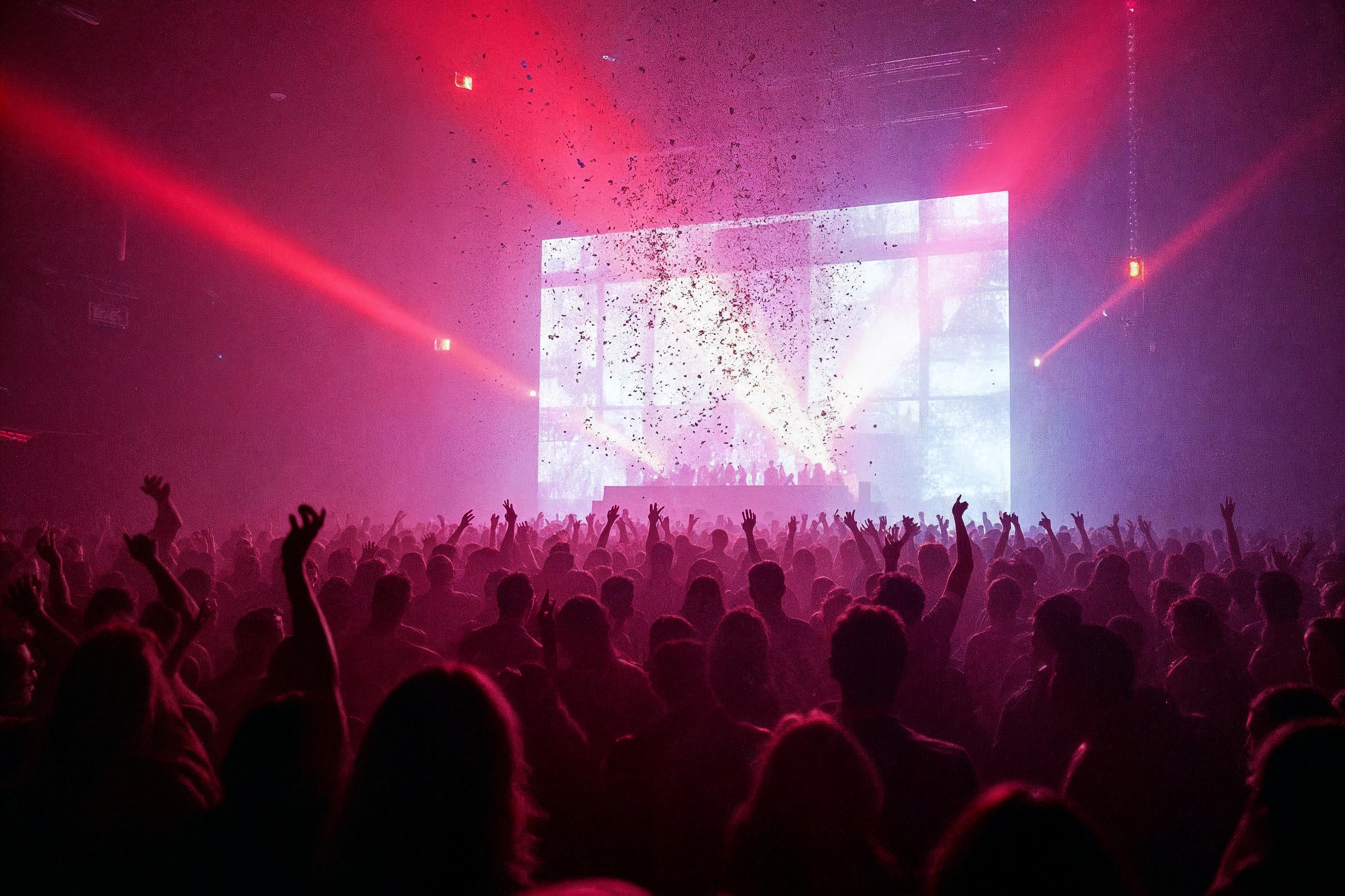 Nightclub crowd with raised arms in front of a blank LED wall and confetti